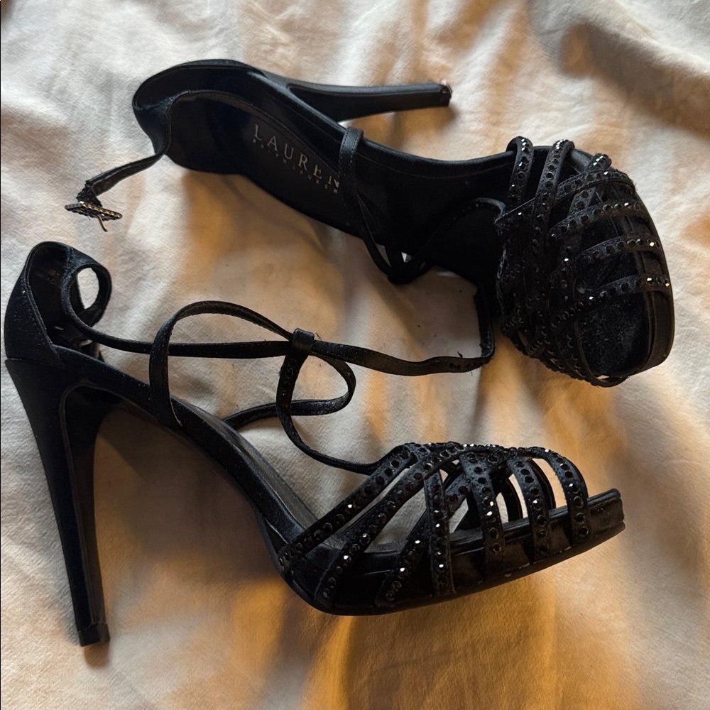 Ralph Lauren T-Strap Black Rhinestone Heels